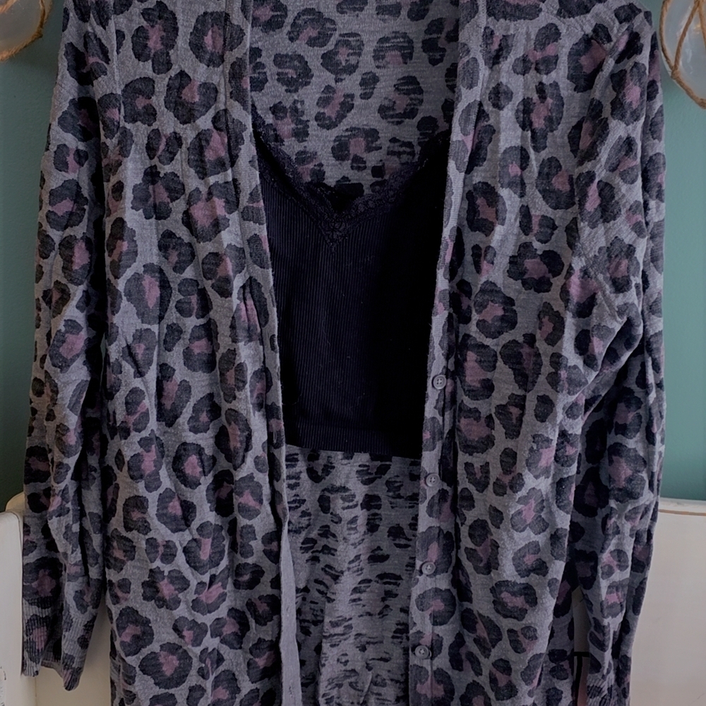 Torrid Gray and Purple Leopard Cardigan with Black Tank